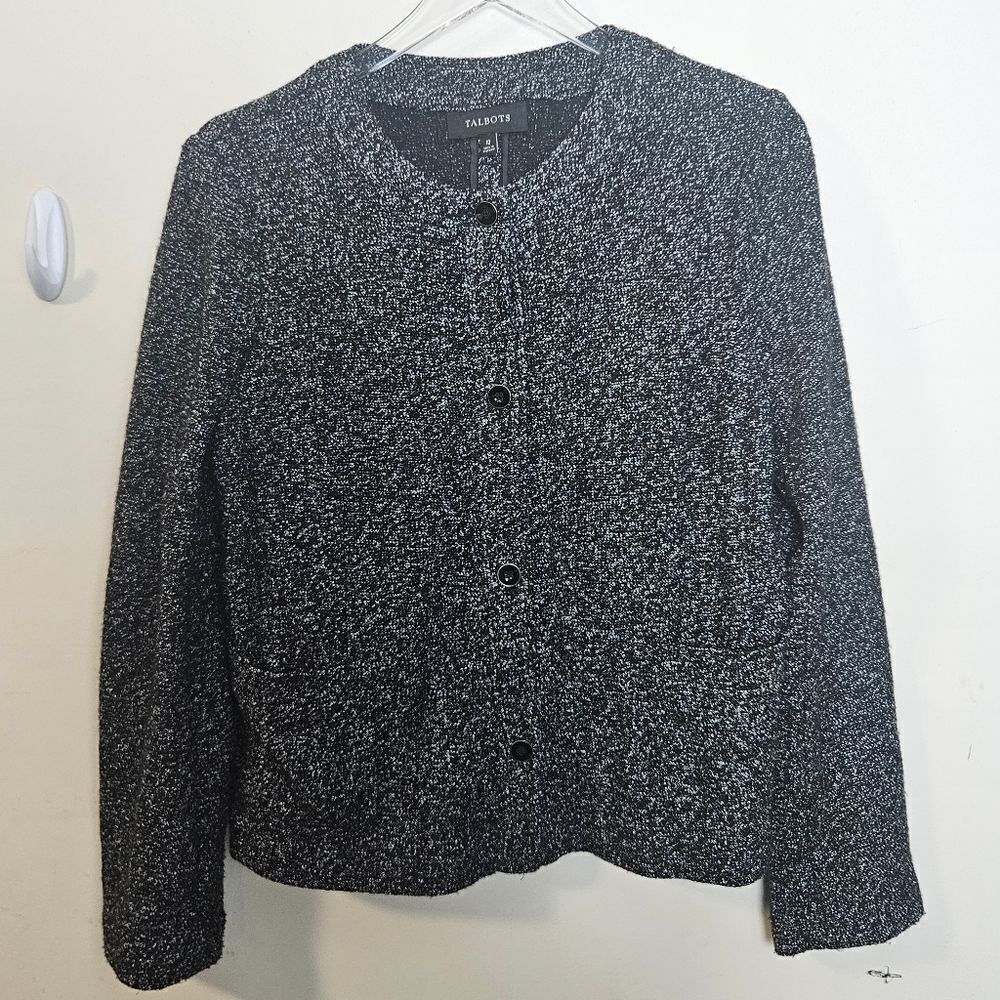 Talbots Women's Jacket Size 12 in Black and White Marled Material Long Sleeve